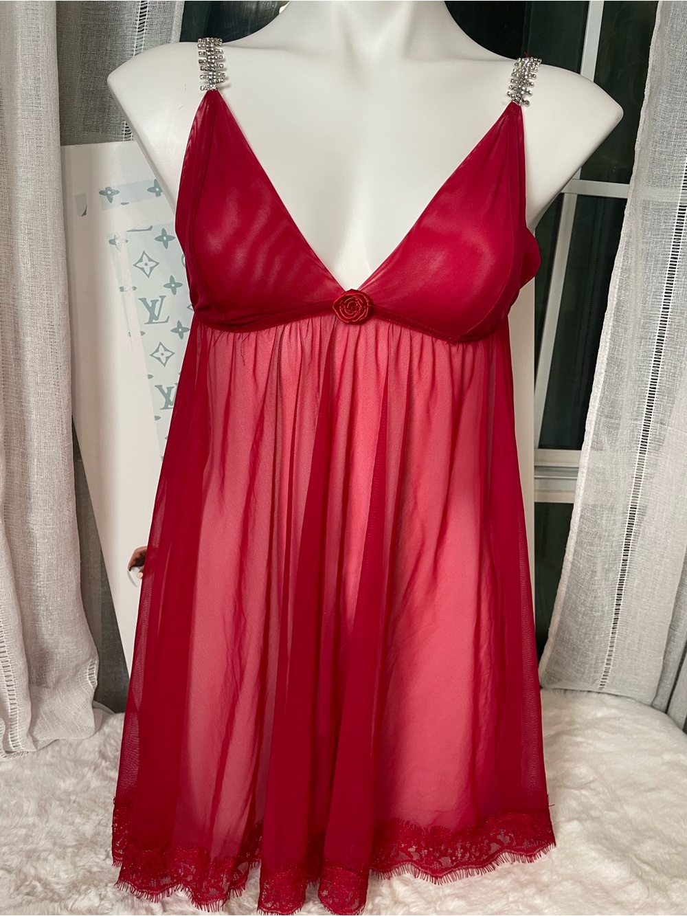 La Vie En Rose Red Sheer Babydoll Chemise with Rhinestone Straps